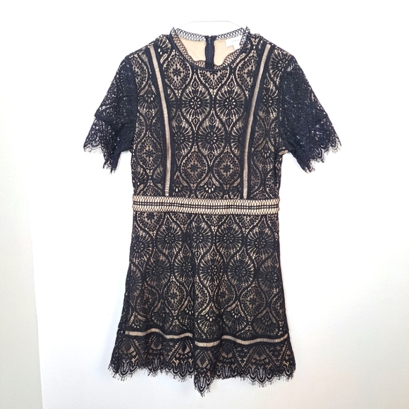 Hailey & Co. Black Cream Lacey Semi-Formal Goth Dark Romantic Mini Dress Size L - Picture 1 of 5